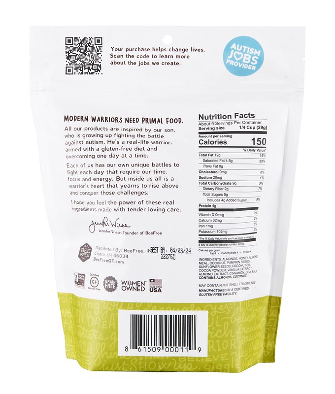 BeeFree Warrior Mix Gluten Free Granola - Chunky Granola Bites | Paleo Granola, Low Carb, Grain Free, Preservative Free, Oat Free | Low Calorie Snacks | Clays Chocolate Buzz, 9 Oz Bag