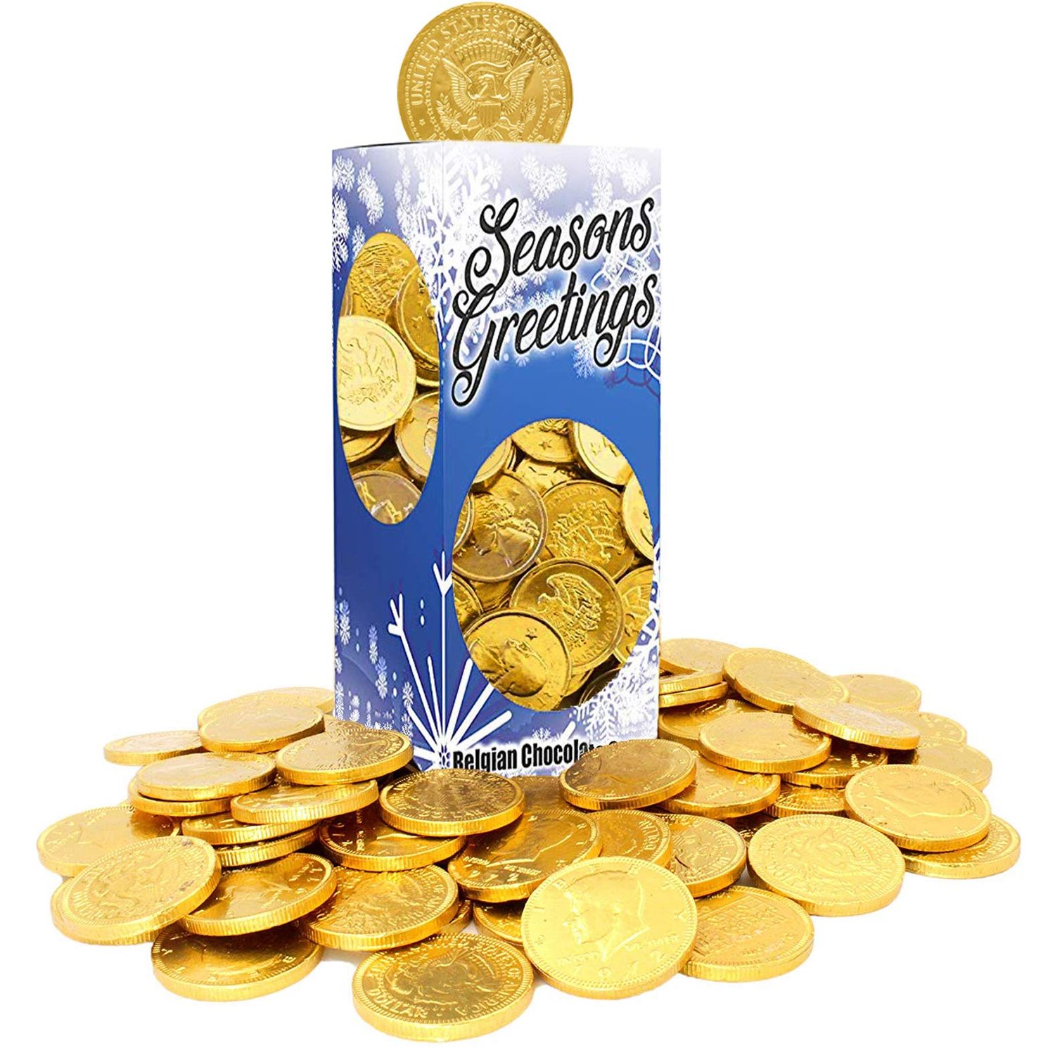 Seasons Greetings Milk Chocolate Gold Coins, Stocking Stuffers, Nut-Free, Belgian Milk Chocolate Coins, Kosher Certified Gelt (1 Pound)