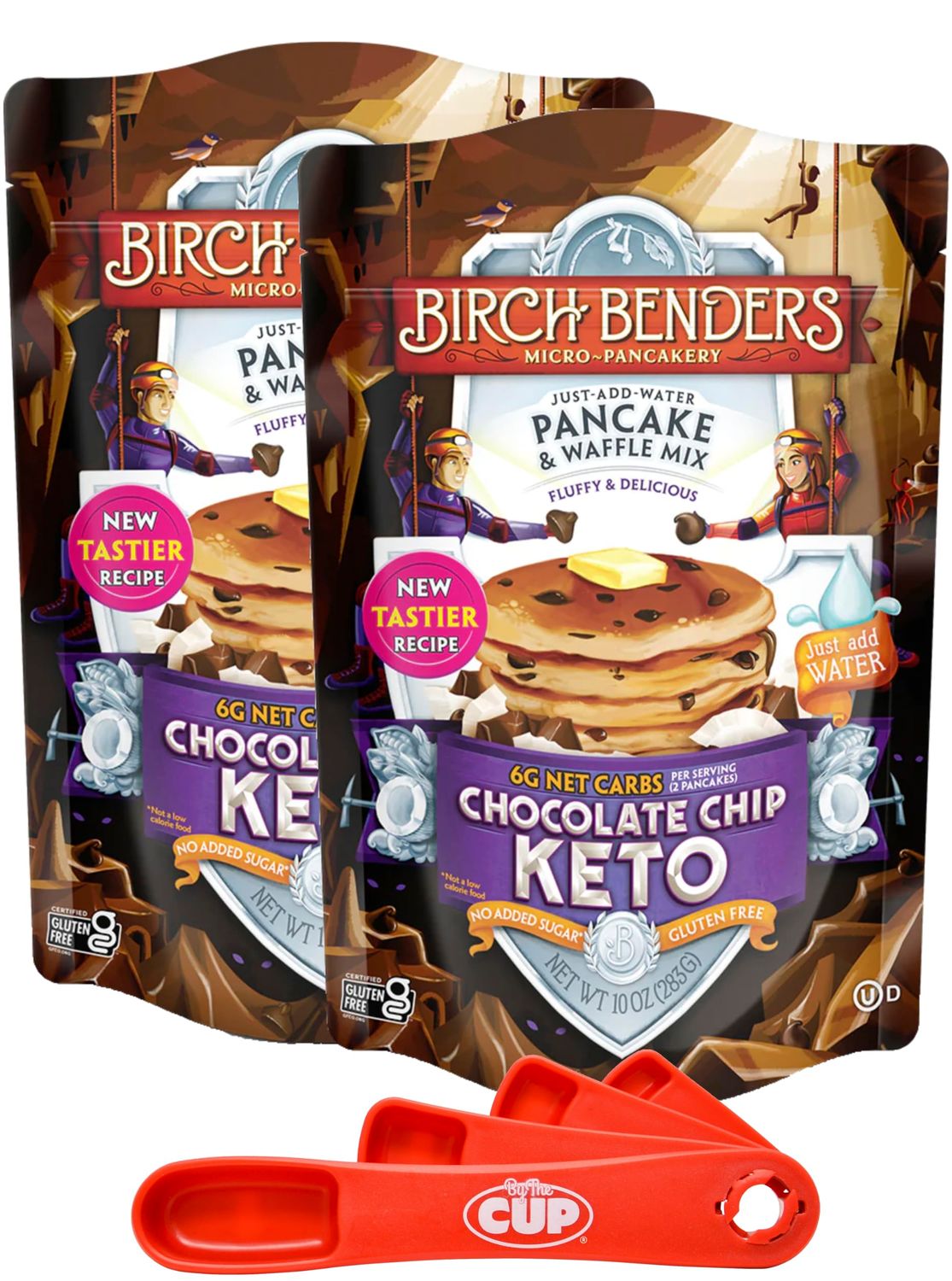 Birch Benders Keto Chocolate Chip Pancake and Waffles Mix, 10oz (Pack of 2) with By The Cup Measuring Spoons