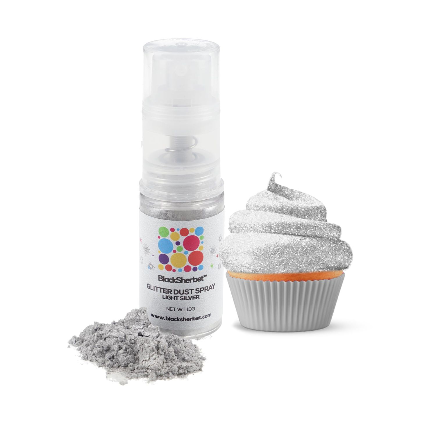 Blacksherbet Light Silver Edible Glitter Spray, (10g) | Perfect for Cakes, Cake Pops, Cocktails, Drinks, Chocolate. Food Grade Edible Glitter Cakes &amp; Dusts. Kosher