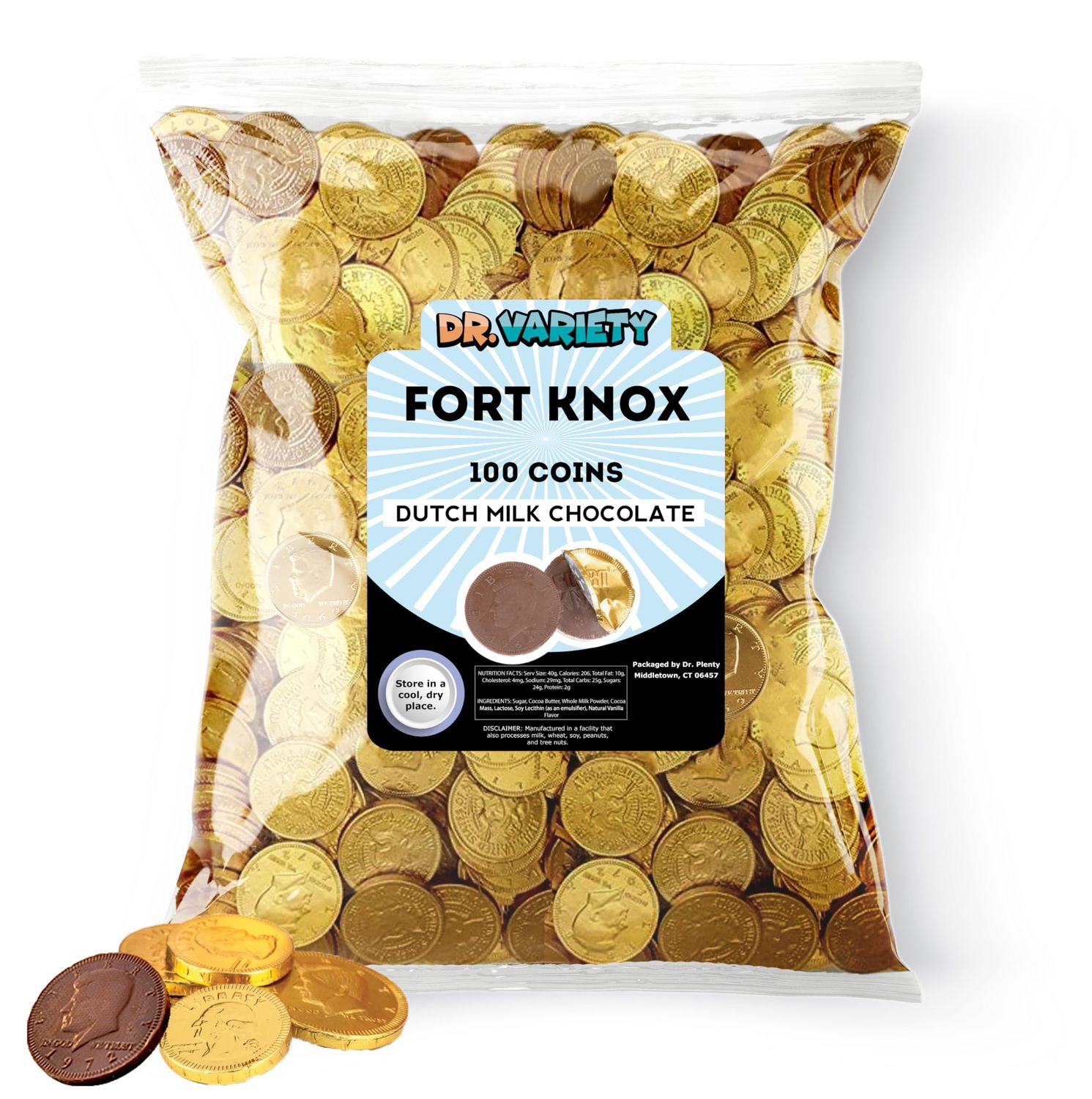 Belgian Milk Chocolate Gold Coins Bulk (100 Count) - Large 1.5in Gourmet Gold Wrapped Chocolates - Holiday Chocolate Candy Coin For Kids - By Dr. Variety