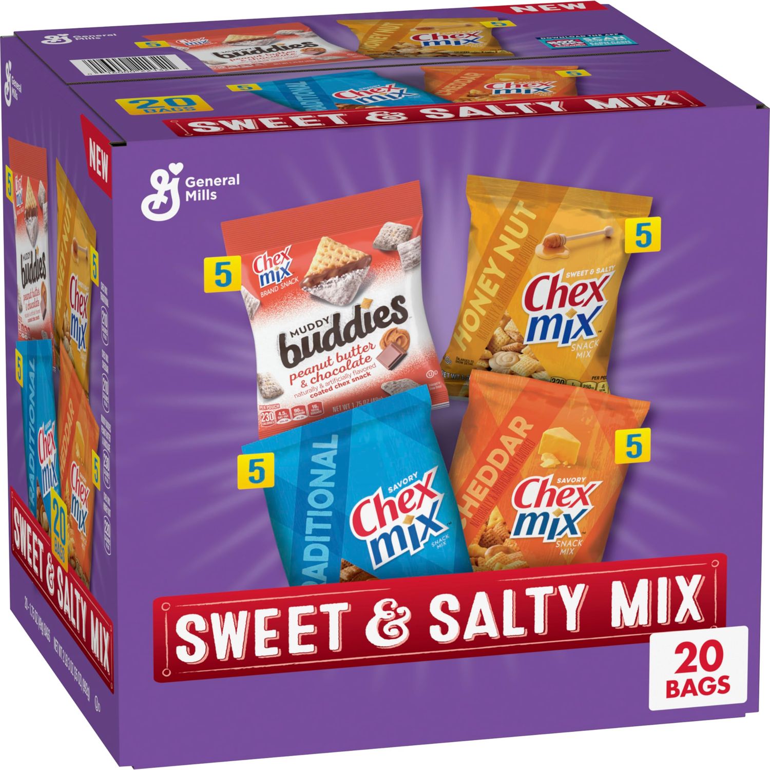 Sweet &amp; Salty Snack Variety Pack, Muddy Buddies Peanut Butter &amp; Chocolate, Chex Mix Traditional, Cheddar &amp; Honey Nut, 35 oz (20 Bags)