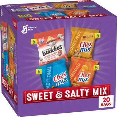 Sweet &amp; Salty Snack Variety Pack, Muddy Buddies Peanut Butter &amp; Chocolate, Chex Mix Traditional, Cheddar &amp; Honey Nut, 35 oz (20 Bags)