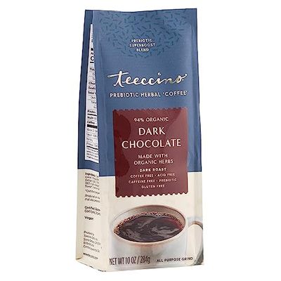 Teeccino Dark Chocolate Prebiotic SuperBoost Coffee Alternative - Support Probiotics with Caffeine-Free Herbal Coffee Featuring 3 Vegan Prebiotics for Gut Health, 10 Ounce