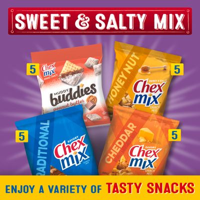 Sweet &amp; Salty Snack Variety Pack, Muddy Buddies Peanut Butter &amp; Chocolate, Chex Mix Traditional, Cheddar &amp; Honey Nut, 35 oz (20 Bags)