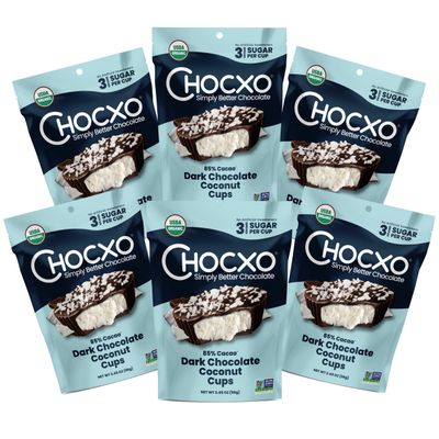 ChocXO Dark Chocolate Coconut Cups, 85% Cacao, 3g Sugar per Serving, Kosher, Keto, USDA Certified Organic, Gluten Free &amp; Non-GMO, 3.45 Ounce (Pack of 6)