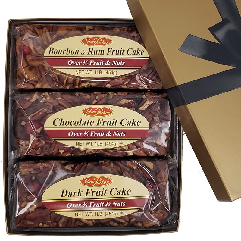 Jane Parker Fruitcake Triple Delight Fruit Cake Assortment, 3 Pound Gift Box, Bourbon &amp; Rum, Chocolate, Dark (Packaging may vary) Box-Holiday Cake-Christmas Cake-The Best Fruitcake You Can Buy