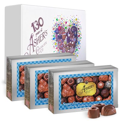 Asher&#39;s Chocolates Holiday Gift Box, Milk and Dark Chocolate Assortment, Small Batches of Kosher Chocolate, Family Owned Since 1892, Assorted Chocolate Gift Set (Sugar Free Assortment, 3 Pack)