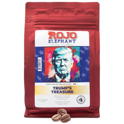 Rojo Elephant Trump&#39;s Treasure Handcrafted Ground Coffee, 100% Arabica Beans, Chocolate, Crme Brle, Hazelnut, and Macadamia Flavored, 11 oz Bag