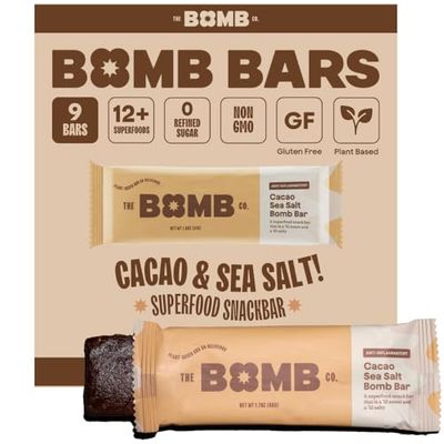 The Bomb Co. Blender Bomb Bar, Cacao Sea Salt, Superfood Snack Bar, Antioxidant Supplement, Almond Butter, Hemp Seeds, Chia Seeds, Flax Seeds, Vegan Chocolate Chips, Cacao Powder, Sea Salt, 9 Bars