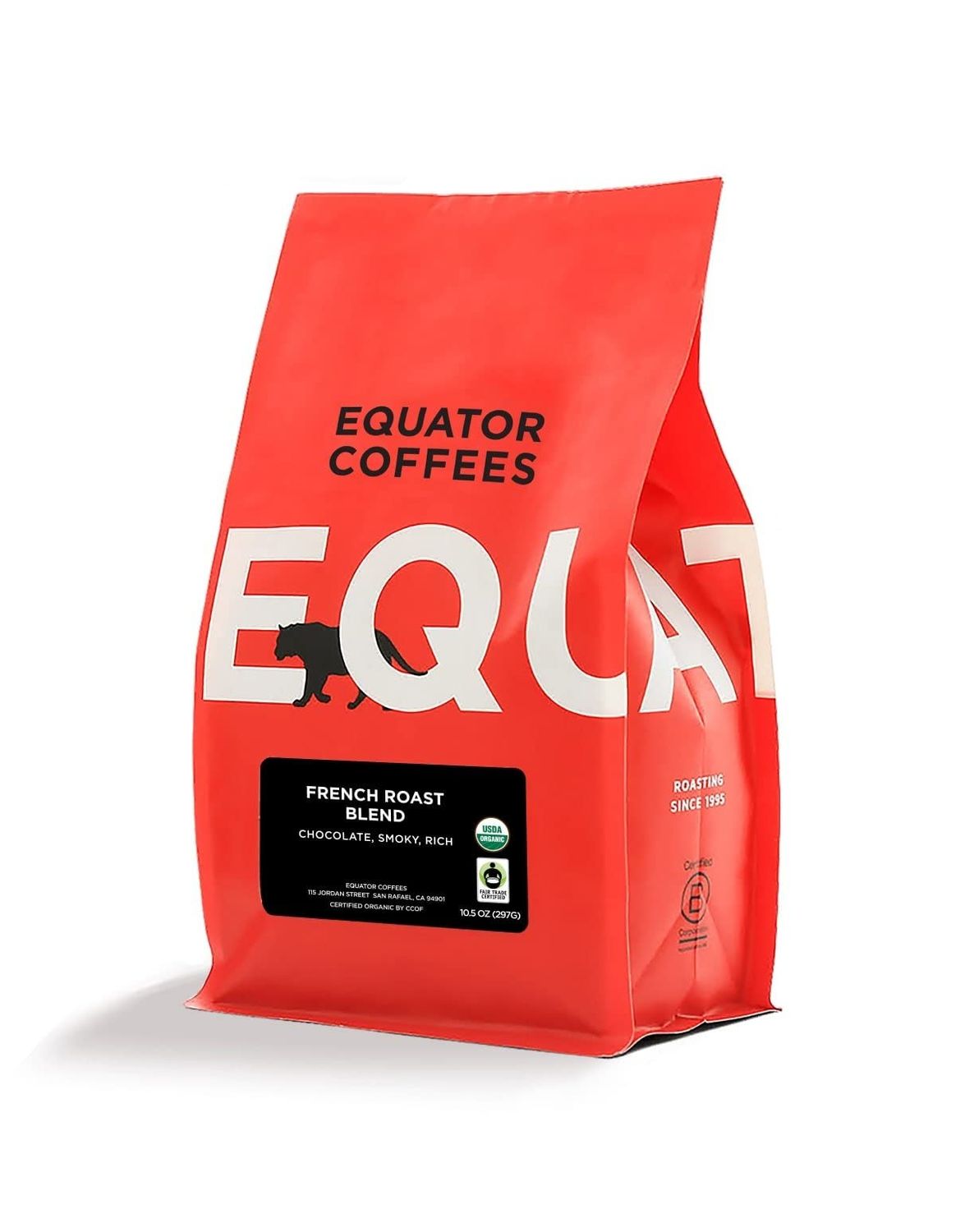 Equator Coffees, French Roast Blend, Organic Ground Coffee, Dark Roast, Fresh Roasted, Bittersweet Chocolate &amp; Plum Flavor Notes, Sustainable and Fair Trade Certified, 10.5 oz Bag