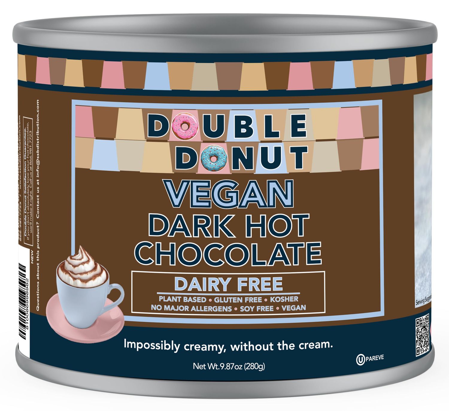 Double Donut Dark Vegan Hot Chocolate, Rich Dark Chocolate Hot Cocoa, Gluten Free, Dairy Free Hot Chocolate Mix for Velvety Smooth Vegan Hot Cocoa Mix, 12 Ounce Canister