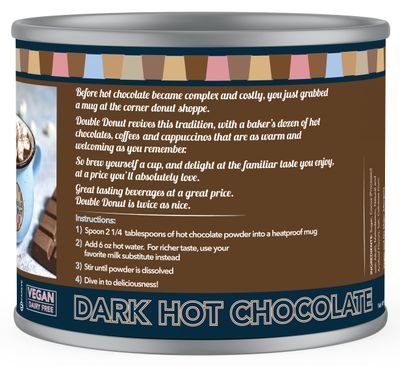 Double Donut Dark Vegan Hot Chocolate, Rich Dark Chocolate Hot Cocoa, Gluten Free, Dairy Free Hot Chocolate Mix for Velvety Smooth Vegan Hot Cocoa Mix, 12 Ounce Canister