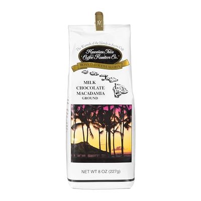 Hawaiian Isles Coffee Milk Chocolate Macadamia Flavored, Light Roast Ground Coffee, Roasted with Aloha - 8 Ounce Bag