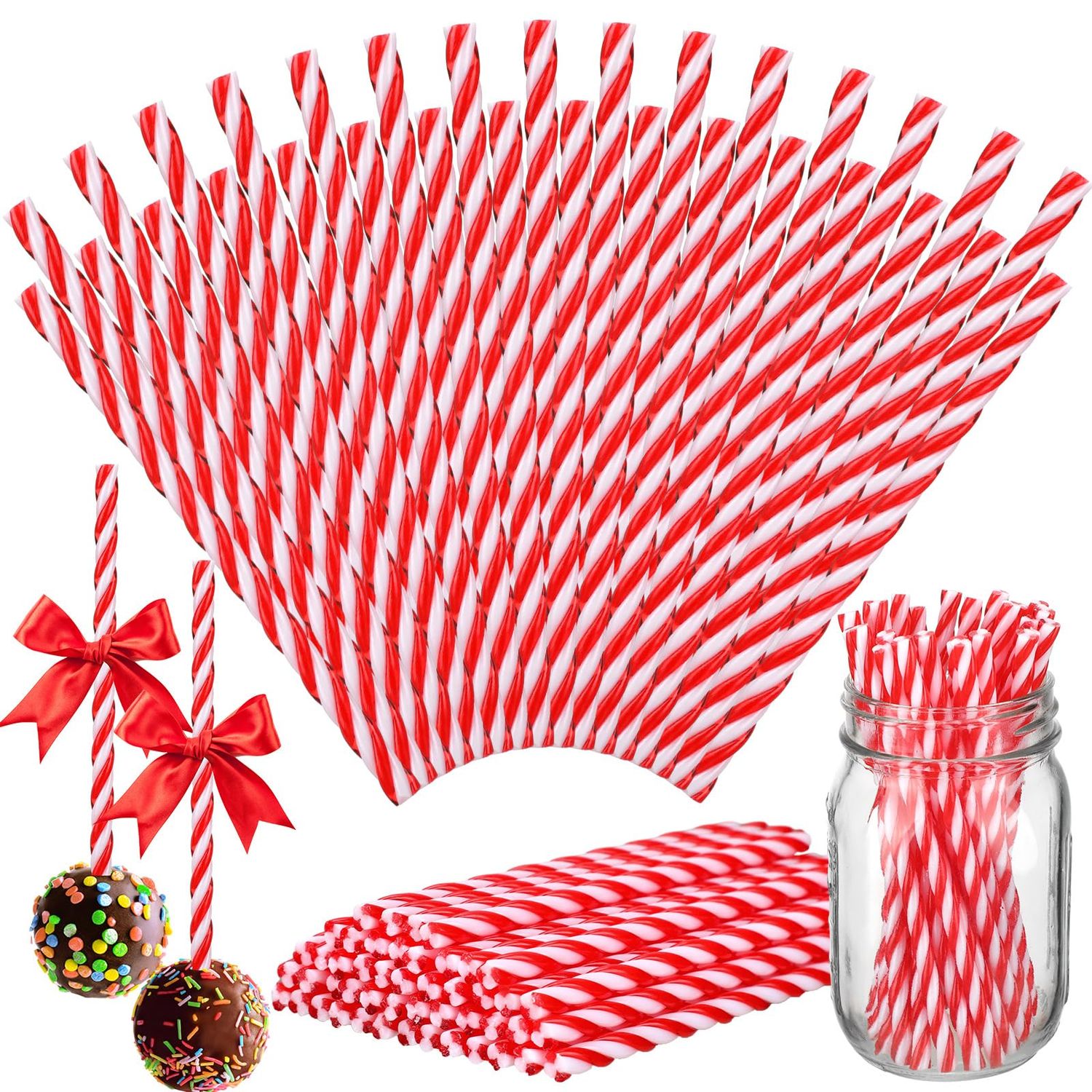 Glimin 48 Pcs Christmas Candy Cane Sticks Ornament for Hot Chocolate and Coffee Christmas Candy Cane Hot Coco Bar Party Supplies Candy Cane Accessories Stocking Gift Stuffers (Red, White)