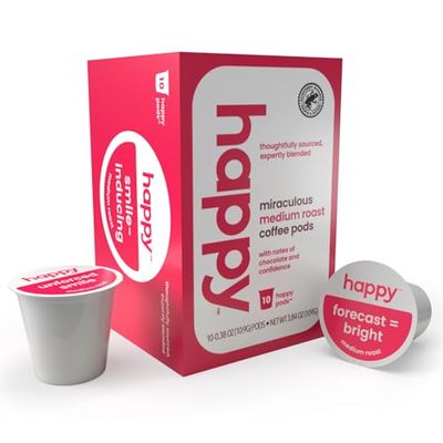 happy coffee medium roast coffee pods, 10 count, notes of chocolate &amp; confidence, compatible with most K-cup brewers, rainforest alliance certified