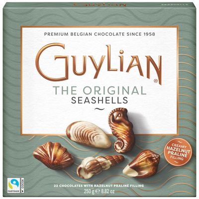 Belgian Chocolate Seashells, 22 Gourmet Hazelnut Praline Truffles by GuyLian, Assorted White, Milk, Dark Chocolate Candy Gift Box for Women and Men