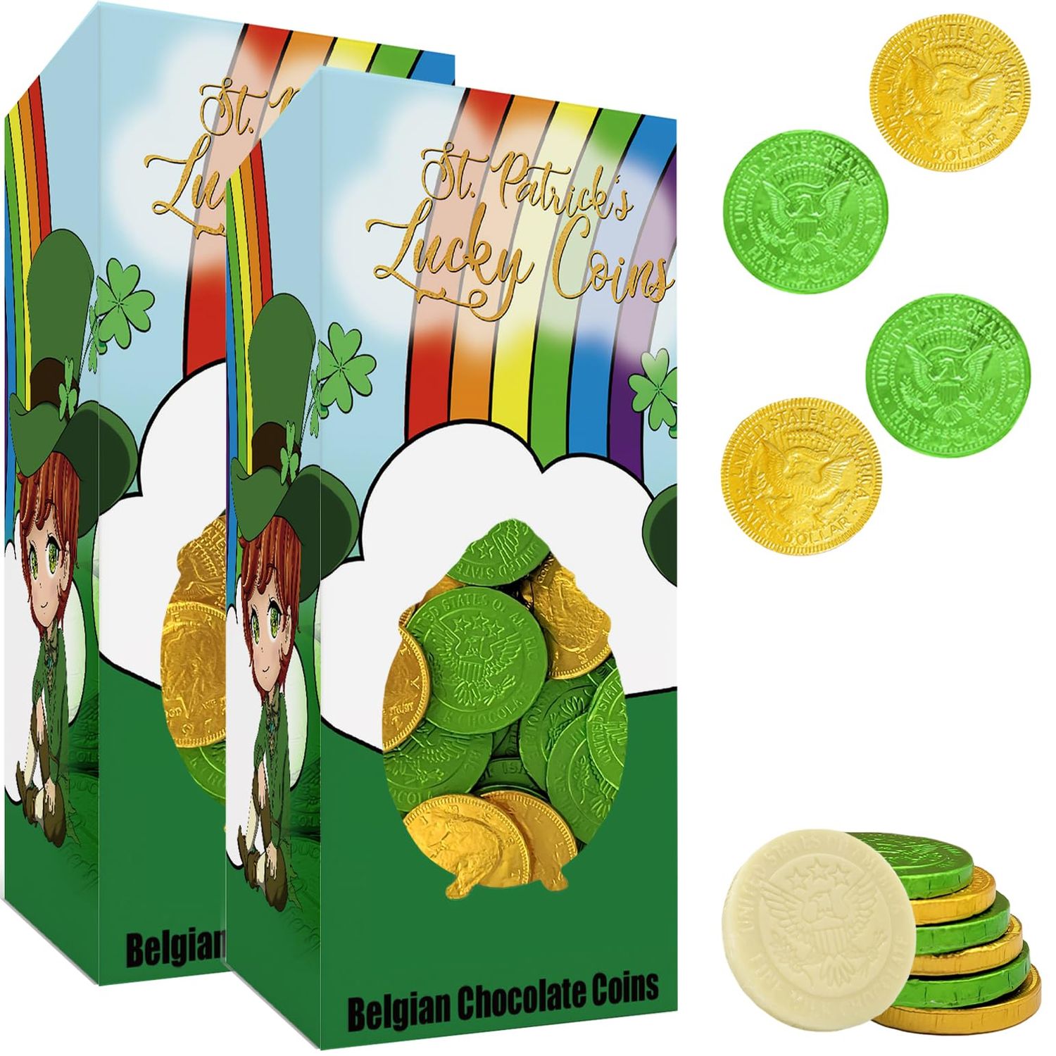 Fruidles St. Patrick's Day White Chocolate in Green and Gold Coin Foils, Belgian Milk Chocolate in St. Patrick's Theme Box, Kosher Certified Dairy (2 Pounds)