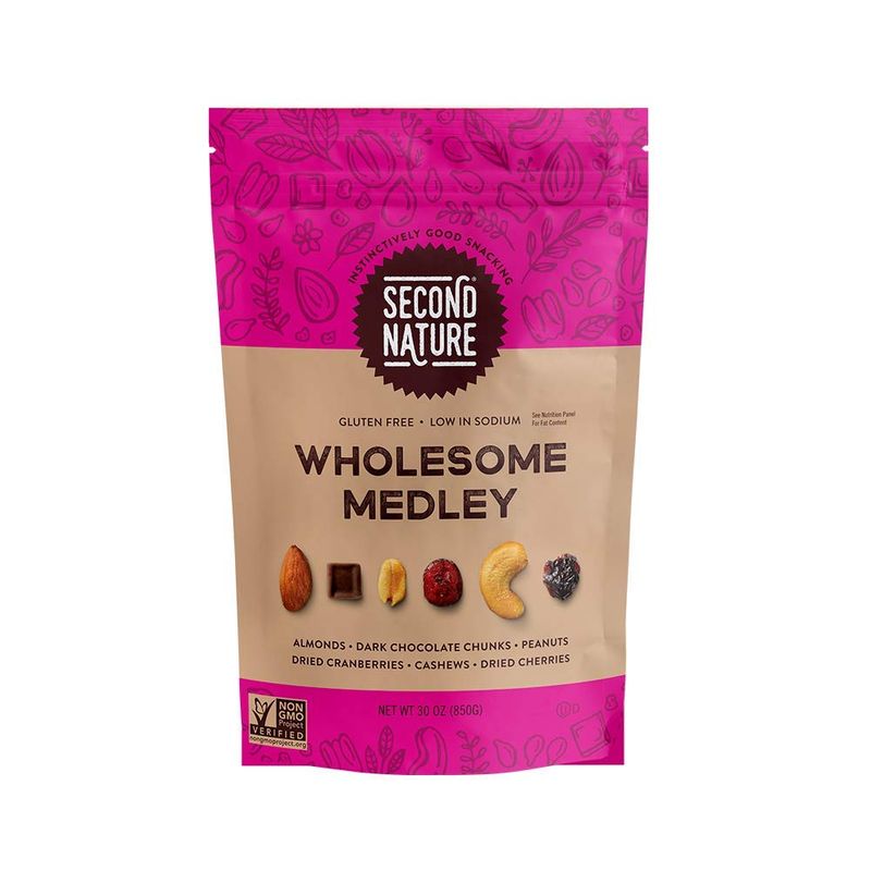 Second Nature Wholesome Medley Trail Mix - 14 oz Resealable Snack Pouches (Pack of 6), Certified Gluten-Free Snack - Dark Chocolate, Dried Fruit and Nut Trail Mix, Ideal for Travel Snacks