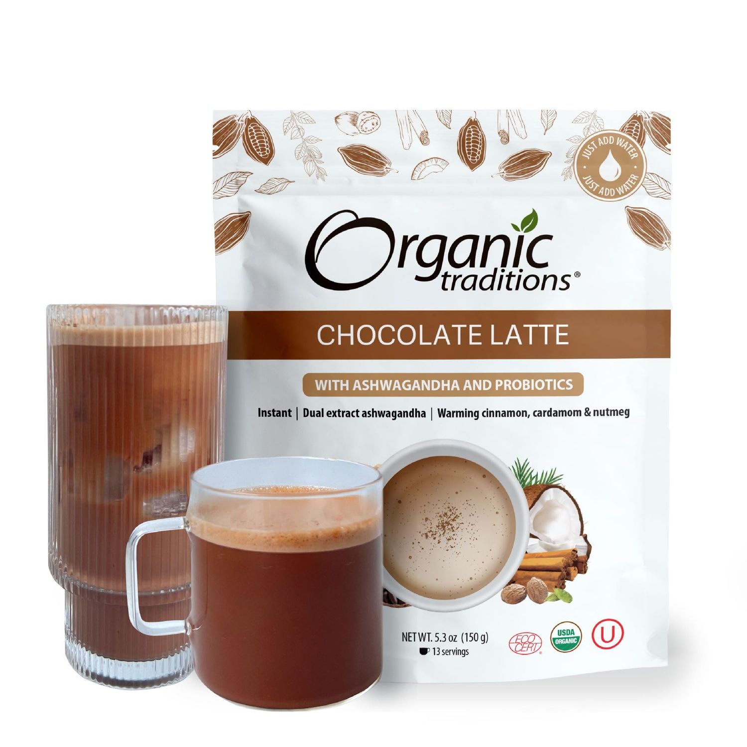 Organic Traditions Superfood Chocolate Latte with Ashwagandha | Superfood Caffeine Free Dairy Free Drink Mix for Hot and Iced Chocolate | 150g/5.3oz Bag