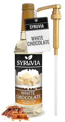 Syruvia White Chocolate Syrup - White Chocolate Coffee Syrup Flavor, 25.4 fl oz, Kosher, Gluten Free, Perfect for Coffee, Drinks, Soda, Desserts, and More, With Syrup Pump