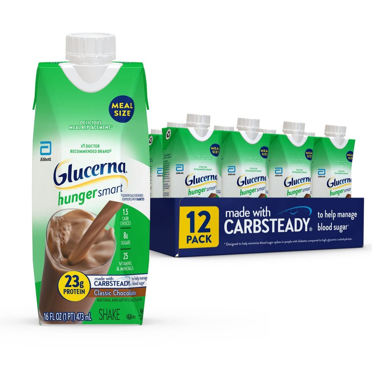 Glucerna Hunger Smart Meal Size Shake, Diabetic Drink to Support Blood Sugar Management, 23g Protein, 250 Calories, Classic Chocolate, 16-fl-oz Carton, 12 Count