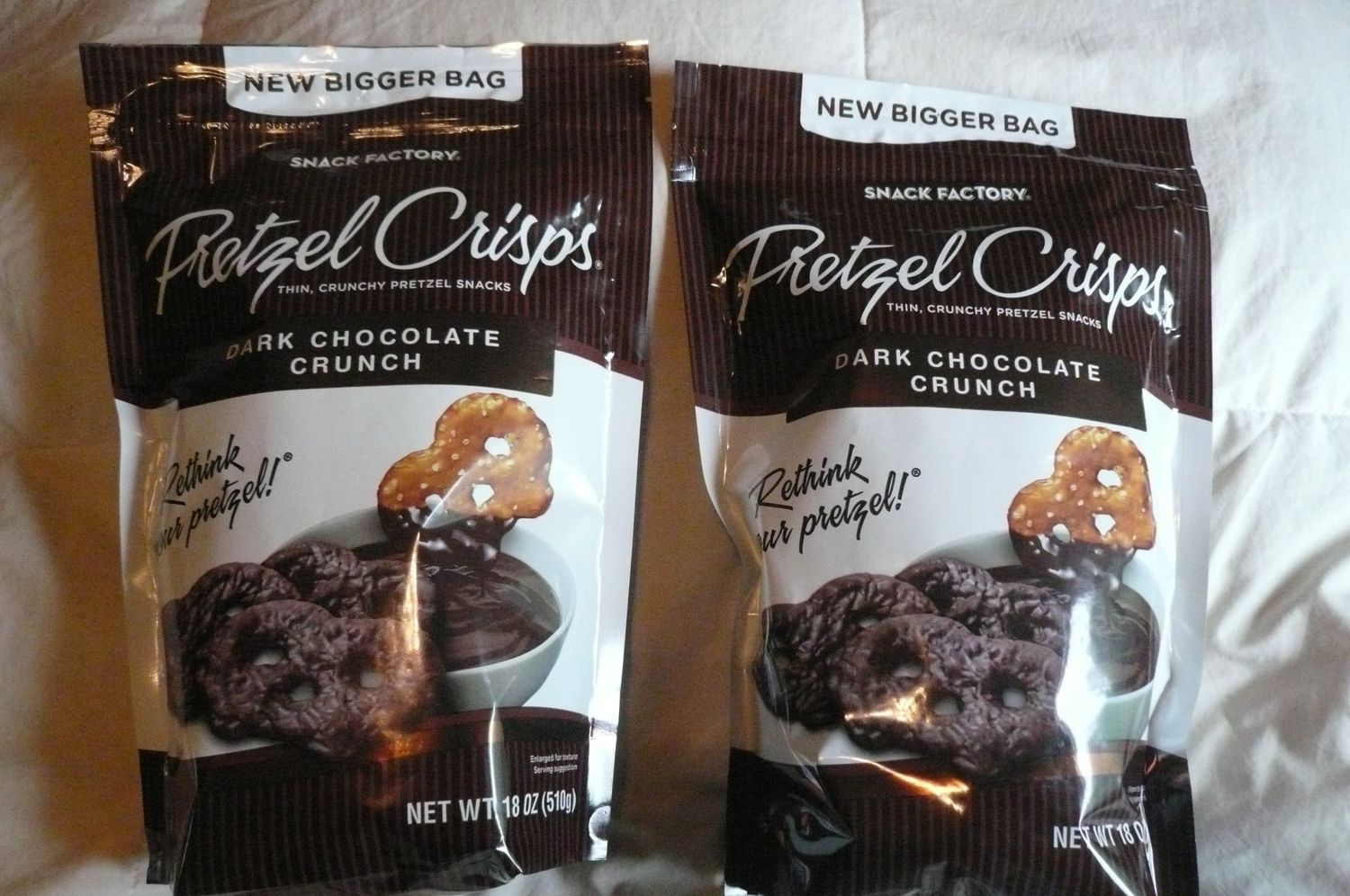 Snack Factory Pretzel Crisps Dark Chocolate Crunch Bigger Bag 18oz Bag (Pack of 2)