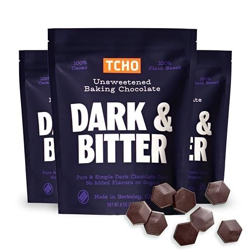 TCHO Dark &amp; Bitter 100% Unsweetened Dark Chocolate Baking Couvertures (3 Bag) | Organic &amp; Fair Trade Certified | Non GMO, Non-Dairy, Vegan, Soy Free (8oz each)