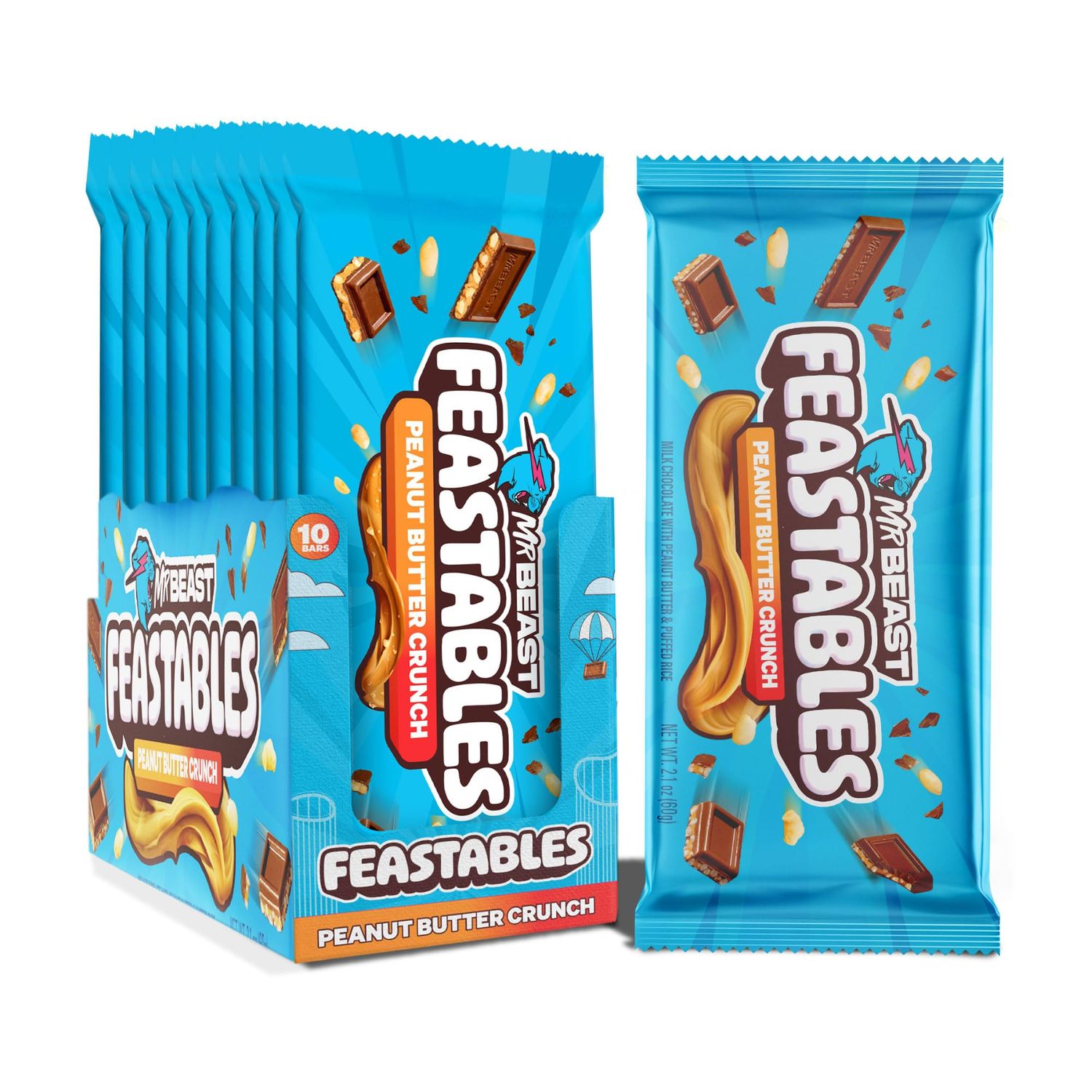 Feastables by MrBeast Peanut Butter Milk Chocolate Crunch KING Size Chocolate Bar, 2.1oz (60g), 10 count