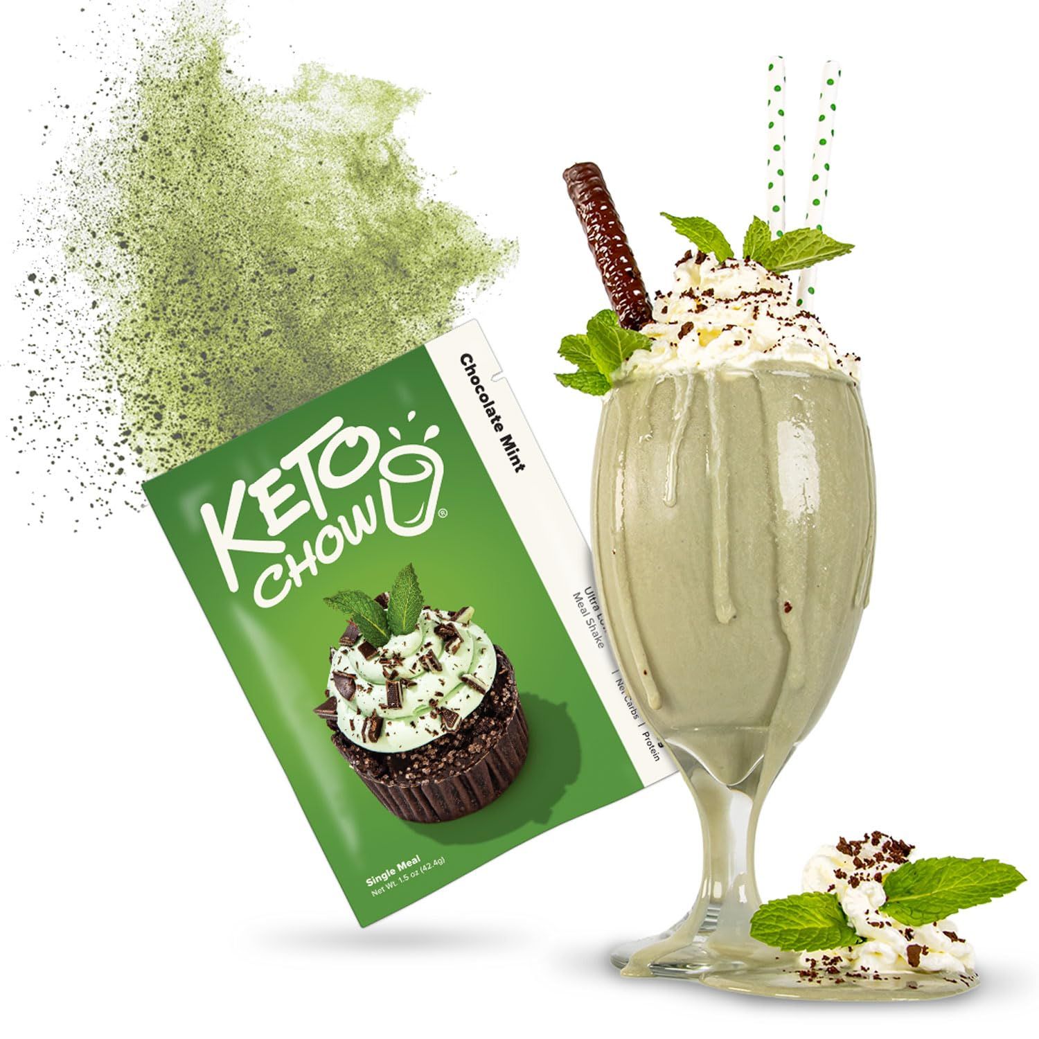 Keto Chow Chocolate Mint - Keto Meal Replacement Shake Powder - Nutritionally Complete - Low Carb - Delicious Easy Meal Substitute - Protein Rich You Choose The Fat - Single Meal Sample