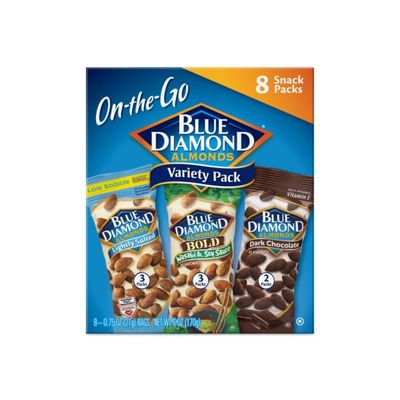 Blue Diamond Almonds Snack Nut Variety Pack for Kids, Office, School, On-the-go, 0.75 oz Gluten Free Individual Packs, Wasabi &amp; Soy Sauce, Lightly Salted, and Dark Chocolate (Pack of 8)