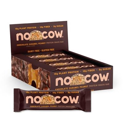 No Cow Vegan Protein Bars with Low Sugar &amp; High Protein, 15g Plant Based Protein &amp; 10g Fiber Snacks for On-the-Go Nutrition &amp; Post-Workout, Gluten-Free, Dairy-Free(Chocolate Caramel Peanut, 12 Count)