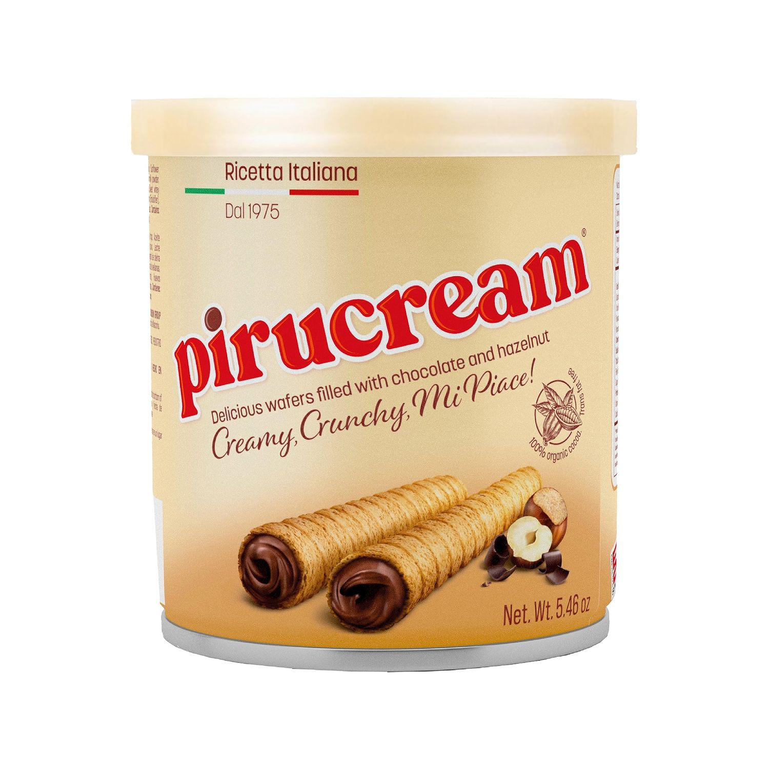 Pirucream Rolled Wafers with Chocolate Hazelnut, Organic Alkaline 100% Cocoa - No Trans-Fat, Preservatives, Colorants or Additives and without Palm Oil (155Gr/ 5.46Oz each one - 1 Pack Tin)