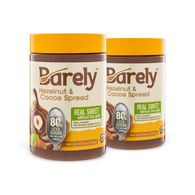 Hazelnut &amp; Cocoa Spread by Barely, Low Sugar &amp; No Artificial Sweeteners, Vegan, Keto Friendly, Delicious Chocolate Spread &amp; Dessert Dip, 3.2 g Cane Sugar per Serving, 2-Pack
