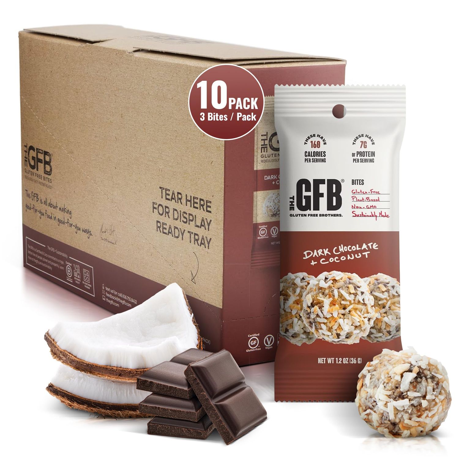 The Gluten Free Brothers Dark Chocolate Coconut Bites - Gluten Free Protein Balls - Non GMO, Soy Free, Vegan - Snack Size Plant Based Protein Energy Balls, 1.2 oz (10 Count)
