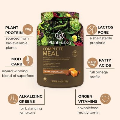 PlantFusion Complete Meal Replacement Shake - Plant Based Protein Powder with Superfoods, Greens &amp; Probiotics - Vegan, Gluten Free, Soy Free, Non-Dairy, No Sugar, Non-GMO - Chocolate Caramel 2 lb