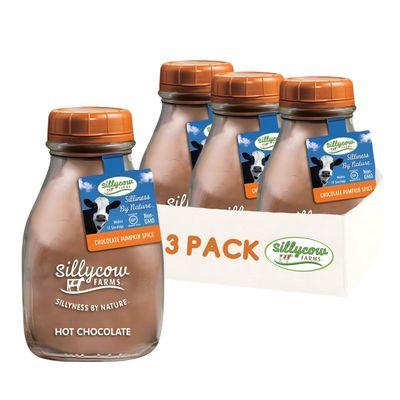 Sillycow Farms Hot Cocoa Pumpkin Spice Mix Rich Chocolate Delight Gluten Free Non GMO Dairy Free Indulgence with Pure Chocolate Pumpkin Flavor - Reusable Packaging 16.9 oz Glass Bottle - Pack of 3