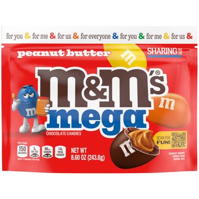 M&amp;M&#39;S Mega Peanut Butter Chocolate Candy, Sharing Size, 8.6 Oz Resealable Bag