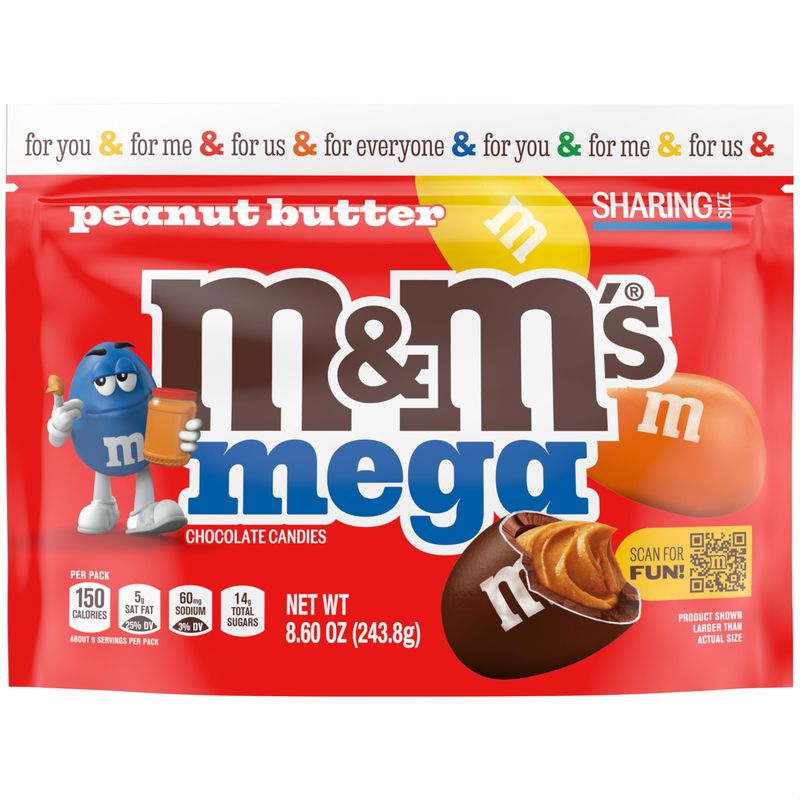 M&amp;M'S Mega Peanut Butter Chocolate Candy, Sharing Size, 8.6 Oz Resealable Bag