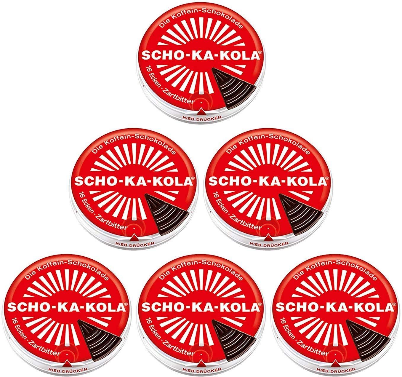Dark Chocolate SCHO-KA-KOLA with natural Caffeine from Cocoa, Cola-Nut-Powder and Coffee 6 tins x 100 g / Germany