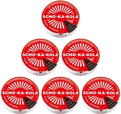 Dark Chocolate SCHO-KA-KOLA with natural Caffeine from Cocoa, Cola-Nut-Powder and Coffee 6 tins x 100 g / Germany