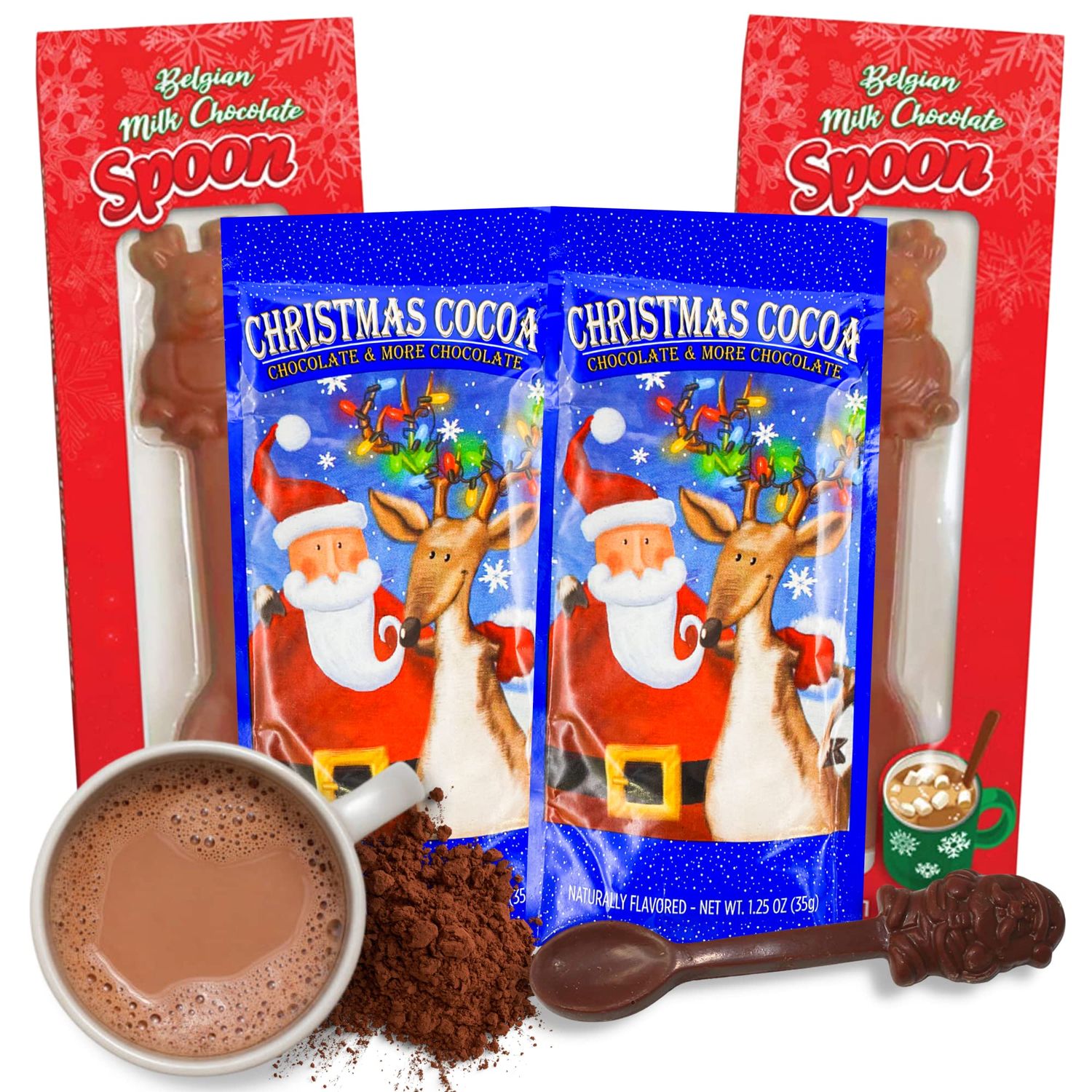 Christmas Hot Cocoa Powder with Belgian Milk Chocolate Stirring Spoons, Individual Packets and Spoon Holiday Gift Set, Stocking Stuffers for Kids and Adults, Pack of 4, 2 of Each