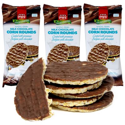 Milk Chocolate Corn Cakes - Dairy Belgian Milk Chocolate Coated Corn Cake Snacks - Whole Grain Gluten Free Corn Cakes - Healthy Low Calorie Snacks - Kosher - 3 Pack - 6 Cakes Per Pack - 18 Total