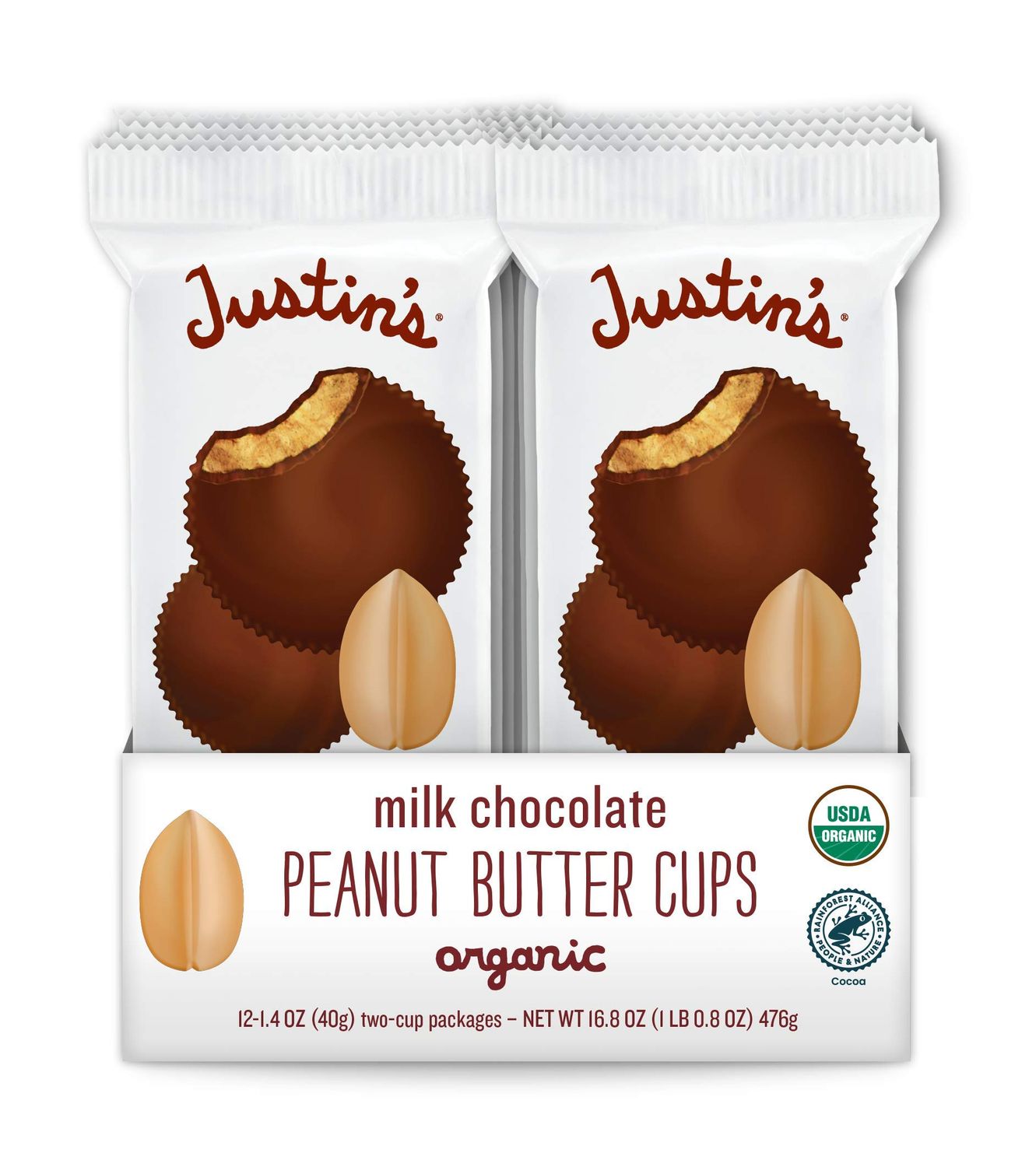 Justin&#39;s Organic Milk Chocolate Peanut Butter Cups, Rainforest Alliance Certified Cocoa, Gluten-free, Responsibly Sourced, 12 Pack (2 cups each)