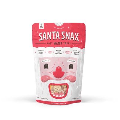 Taffy Shop Santa Snax Personal (7oz) Salt Water Taffy | Christmas flavors include Candy Cane, Creamy Eggnog, Pumpkin Spice Cake, Frozen Hot Chocolate, Chocolate Chip Cookie Dough