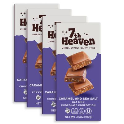 7th Heaven Vegan Caramel and Sea Salt Oat Milk Chocolate Bars, Plant Based Dairy Free Caramel Chocolate with Vanilla Extract, Fair Trade Cocoa &amp; Coconut Oil, Kosher - 3.5oz Full Size Candy Bars, 4 Pk