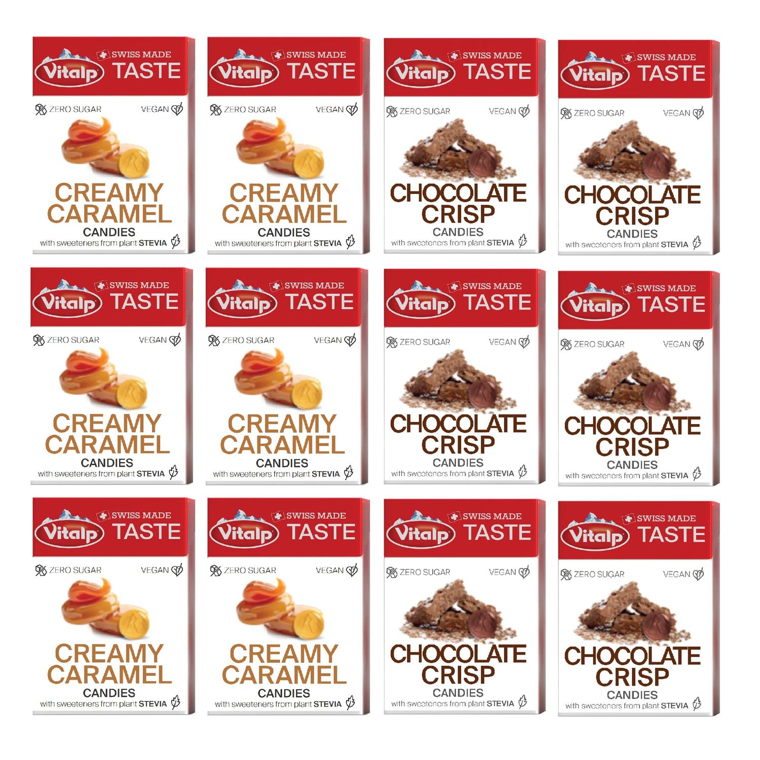 Vitalp Taste, Swiss Made, Sugar Free Hard Candy with Stevia, Vegan, Variety Pack, 6 Boxes Each of Creamy Caramel and Chocolate Crisp Flavors, 25g/0.88 Ounce Packs, 12 Boxes Total