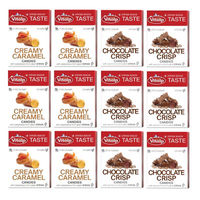 Vitalp Taste, Swiss Made, Sugar Free Hard Candy with Stevia, Vegan, Variety Pack, 6 Boxes Each of Creamy Caramel and Chocolate Crisp Flavors, 25g/0.88 Ounce Packs, 12 Boxes Total