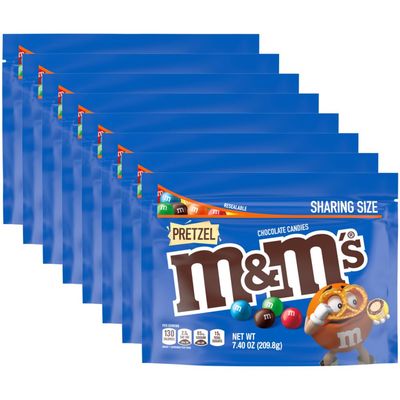 M&amp;M&#39;S Pretzel Milk Chocolate Candy, Sharing Size, 7.4 oz Resealable Bag (Pack of 8)