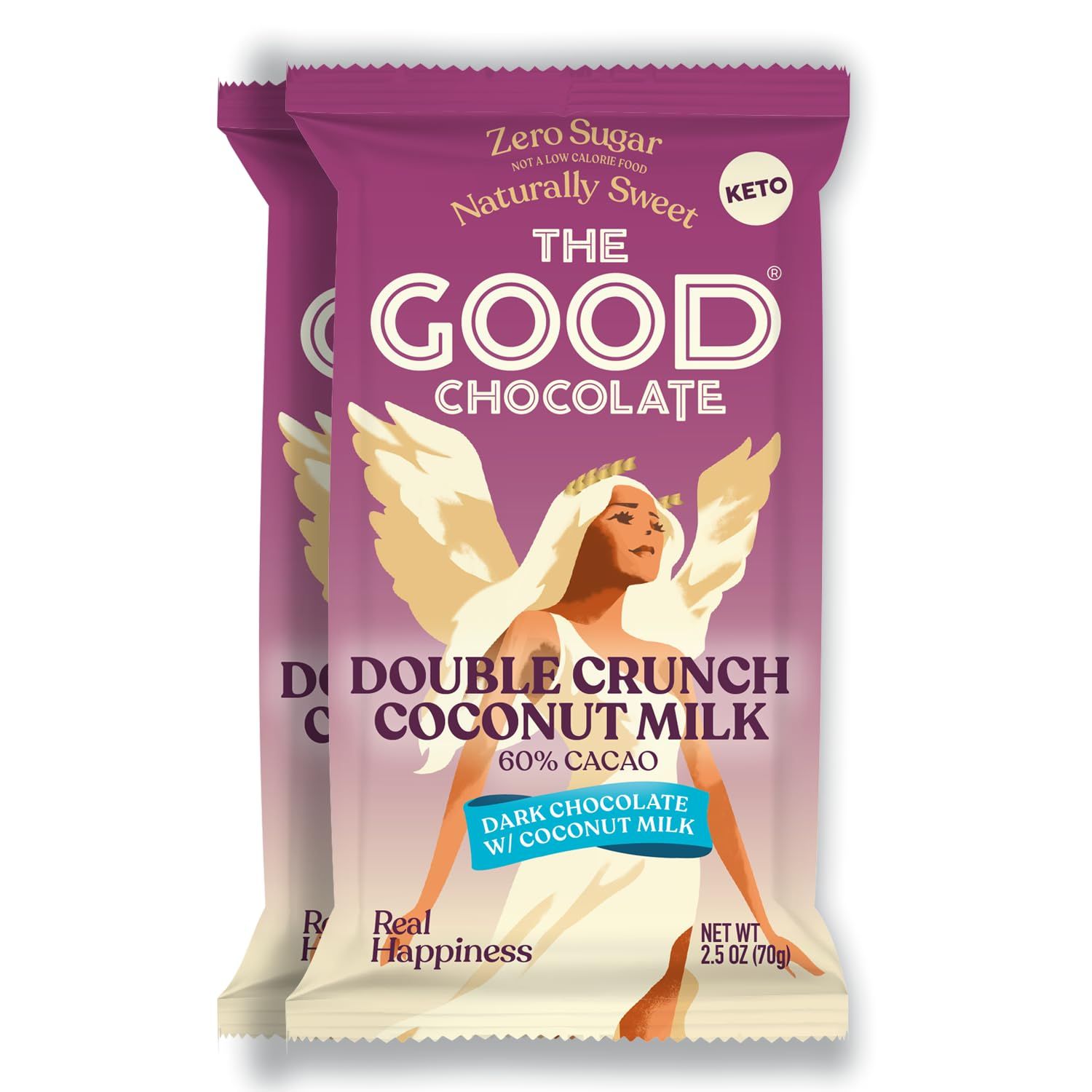 The Good Chocolate - Double Crunch Vegan Coconut Milk Cacao Bar, Coconut Milk Vegan Chocolate Bar, 90% Less Sugar, Lower Net Carb Snack, Lower Calorie, Vegan Chocolate Bars, 2 Bar Value Starter Pack